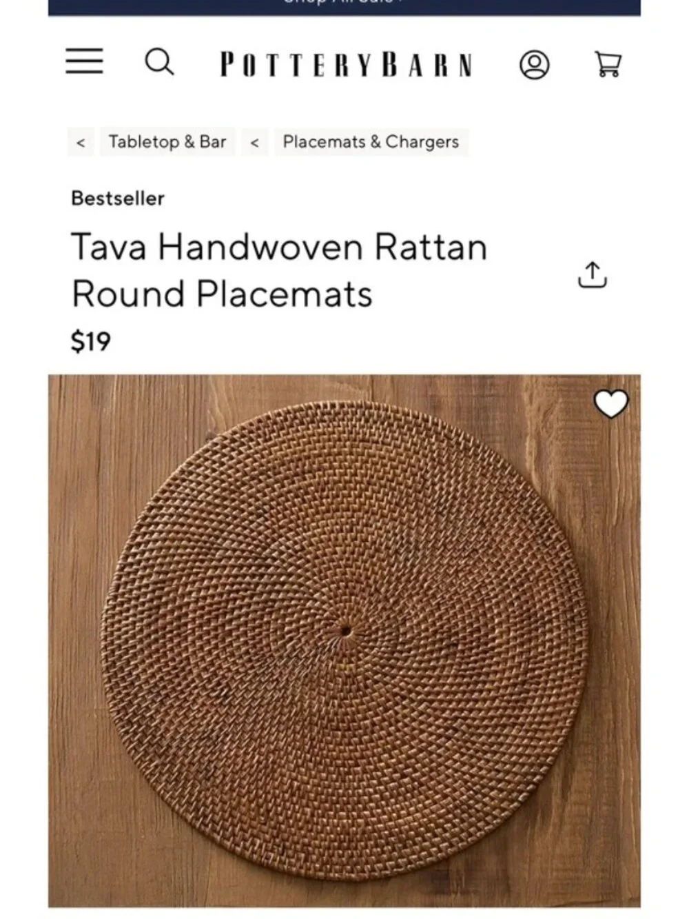 Pottery Barn Tava Handwoven Rattan Round Placemat Single Wicker Charger